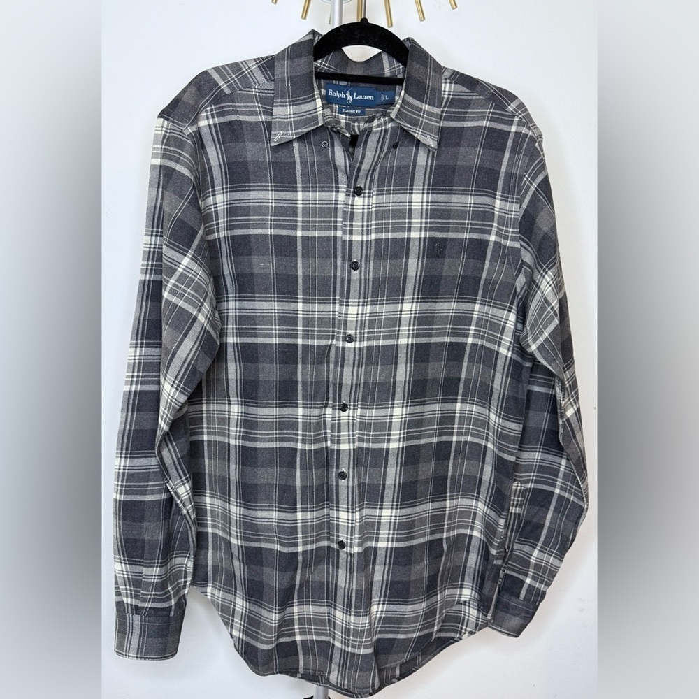Mens Ralph Lauren preppy gray flannel plaid button up long sleeve shirt Lrg EUC